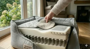 A close-up showing the ultra-soft sleep surface and thermal comfort padding of a senior cat's orthopaedic bed.