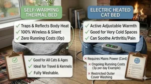 A final summary infographic on wooden clipboards listing the pros and cons of self-warming and electric cat beds for UK pet owners.