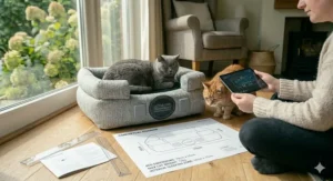 A size guide for an orthopaedic cat bed featuring a British Shorthair cat, including a conceptual diagram with metric dimensions.
