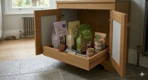 High-detail shot showing the moisture-resistant solid oak wood finish and grain on a premium raised cat feeding station.