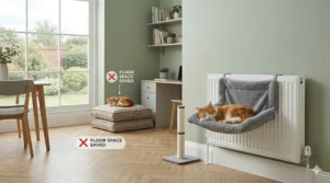 A wide-angle view of a small UK flat showing how a radiator bed saves floor space compared to traditional floor cushions.