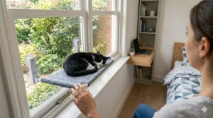 A black and white cat sleeping in a window bed in a compact UK bedroom, showing how the product saves floor space in smaller flats.