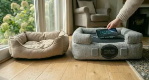 Side-by-side comparison of a standard soft cat bed versus a structured orthopaedic bed with advanced support technology.
