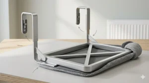 Illustration showing the internal reinforced metal frame of a cat radiator bed designed to hook over various radiator widths.