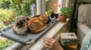 Three cats—a tortoiseshell, a ginger, and a tuxedo—comfortably sharing a sturdy window cat hammock to demonstrate its high weight capacity.