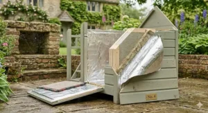 Illustration showing the thermal foil insulation inside an outdoor cat house to keep pets warm in winter.