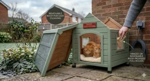 A standard UK 3-pin plug and IP-rated outdoor electrical connection for the integrated cat house heating system.