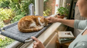 A ginger cat curled up asleep in a window bed positioned directly above a white household radiator for warmth during winter.