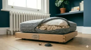 A high-end cat bed with a partially unzipped removable cover, revealing the internal filling for easy machine-washable maintenance.