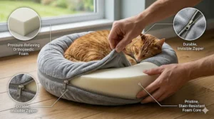 Close-up of a person unzipping a grey plush cover to reveal the internal memory foam core of a cat bed, highlighting the durable, invisible zipper.