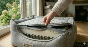 A person unzipping the durable, machine-washable outer cover of an orthopaedic cat bed for easy cleaning and hygiene.