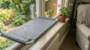A high-detail shot of the textured grey felt fabric cover of a window cat bed, highlighting its durable and easy-to-clean material.