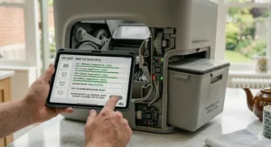 Alt text for image 5: A close-up photorealistic image of a person using a tablet app called "Cat Logic - Multi-Cat Sensor Array" to track the status and usage of four individual cats next to the automatic litter unit.