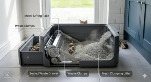 Diagram showing the internal sifting rake of an electric litter tray separating waste from clean clumping litter.