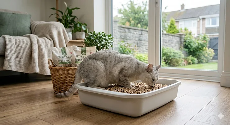 A cat using a litter tray with wood pellets in a bright, modern British home. best cat litter