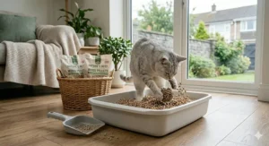 A cat playing with a clump of wood pellet litter inside a tray.