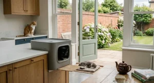 Alt text for image 2: A photorealistic scene in a British kitchen featuring a spacious grey automatic litter tray on a kitchen island counter, with a black cat stepping out onto a mat, a ginger-and-white cat perched on the worktop, and a tabby sleeping on a mat nearby.