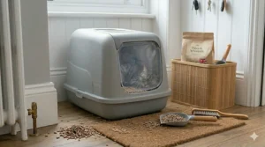An illustration showing the ideal placement of a cat litter tray in a quiet area of the home away from high-traffic zones.