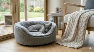 A British Shorthair kitten sleeping deeply and peacefully within a grey self-warming calming donut cat bed. The bed, featuring a plush faux fur interior and grey herringbone exterior, is placed in a sunlit UK living room corner on herringbone parquet flooring near a wooden armchair.
