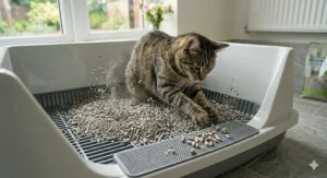 Close-up of cat digging inside a high-sided tray to prevent spillages.