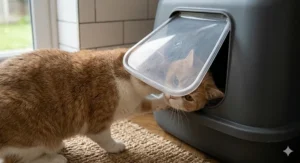 A close-up view of the ginger and white British Shorthair cat from image 0, easily pushing through the transparent plastic flap door of the covered litter tray for private access.