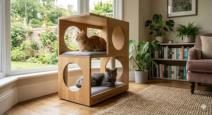 Two cats lounging together inside a stylish wooden cat house for 2 cats in a contemporary British living room. cat house for 2 cats
