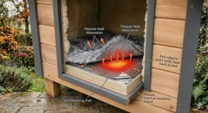 A photorealistic illustration highlighting a secondary escape exit to ensure cats feel safe from predators like foxes in UK gardens.