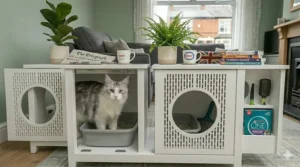 Discreet cat litter cabinet doubling as a functional bedside table.