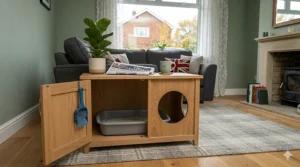Interior view of hidden cat litter cabinet showing ample space for a tray.