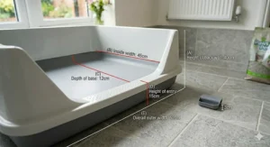 Diagram showing measurements for a deep-walled cat litter tray.
