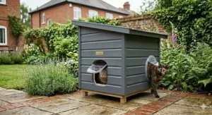 A weatherproof cat pod featuring a main entrance and a rear escape door to protect against predators.