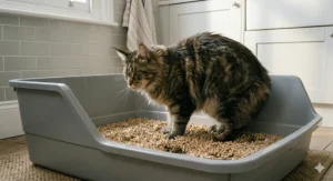 A tabby Maine Coon cat crouched inside a spacious grey litter tray filled with wood pellet litter.