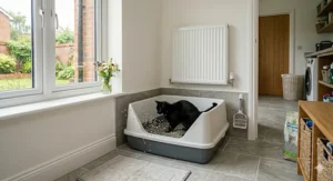 Adult cat using a high-sided litter tray to contain scatter.