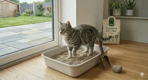 A happy cat stepping into a clean, well-maintained litter box with clumping litter.