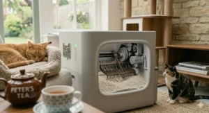 Alt text for image 7: A photorealistic close-up showing the interior of a "Cat Logic" automated litter tray, displaying a mechanical rake sifting through clumping clay litter while a calico cat watches.
