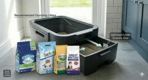 Close-up of various British clumping cat litter brands being poured into a self-cleaning tray.