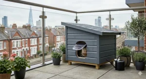 A compact, modern cat shelter designed for use on a British apartment balcony or small terrace.