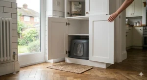 A photorealistic shot of the modern grey covered litter tray neatly integrated inside the bottom shelf of an open white shaker-style utility room cabinet next to a bag of organic wood pellets.