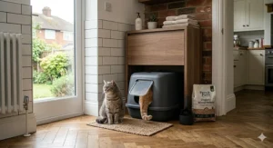 A photorealistic shot of two cats in a modern British utility room, where a grey British Shorthair sits on a woven mat while a ginger cat enters a discreet grey covered litter tray positioned beneath wooden furniture.