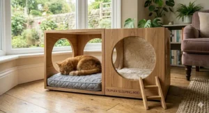 Modern duplex-style sleeping pod for two cats with washable cushions and a minimalist finish.