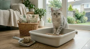 A cat looking at the camera while standing in a wood pellet litter tray.