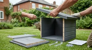An easy-to-clean, flat-pack weatherproof cat box being assembled on a lawn.