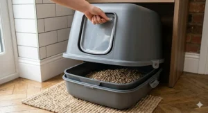 A close-up photorealistic shot of a person's hand lifting the grey hood off the litter tray by its built-in handle, demonstrating how the secure side latches undo to reveal wood pellets inside for easy cleaning.