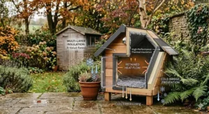A photorealistic image of a woman opening a hinged roof to easily clean the interior and remove the bedding from a timber cat house.