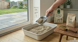 A simple diagram showing daily maintenance of removing clumps from a litter tray.