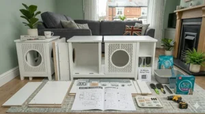 Flat-pack wooden cat litter furniture showing quick-assembly components.