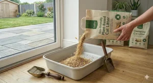 Sustainable, plant-based clumping cat litter being poured into a tray.
