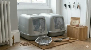 Two grey cat litter trays made from recycled materials, displayed with a sifting tray and sustainable wood pellet litter bags.