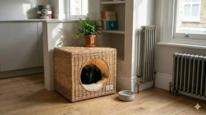 Alt text for image 5: A sustainable wicker indoor cat house with a breathable weave, perfect for a natural home aesthetic.