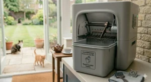 Alt text for image 8: A photorealistic shot of the "Cat Logic" automatic tray's removable waste bin on a kitchen worktop, marked with a "Recommended Weekly" maintenance label, with French doors opening to a lush British garden behind it.